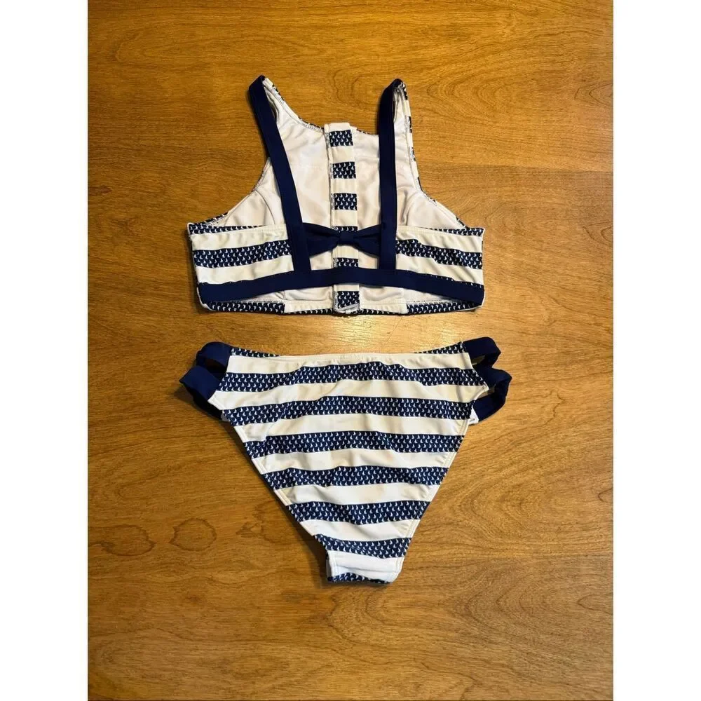 Venus Kids High Neck Zip Front Sailboat Stripe Bikini Set Navy White Size 12